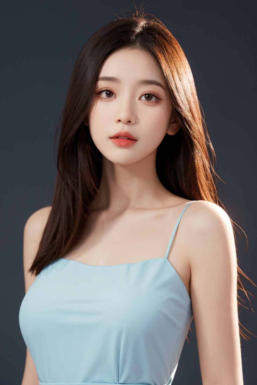 girl, upper body, looking at viewer, dress, simple background, <lora:AgainChangeFaceLora:0.5>