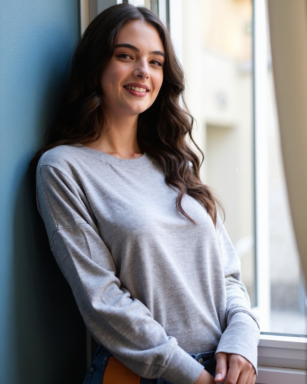 A high-resolution photograph of deva_cassel leaning against a window,  bathed in soft,  blue-toned natural light. She has...