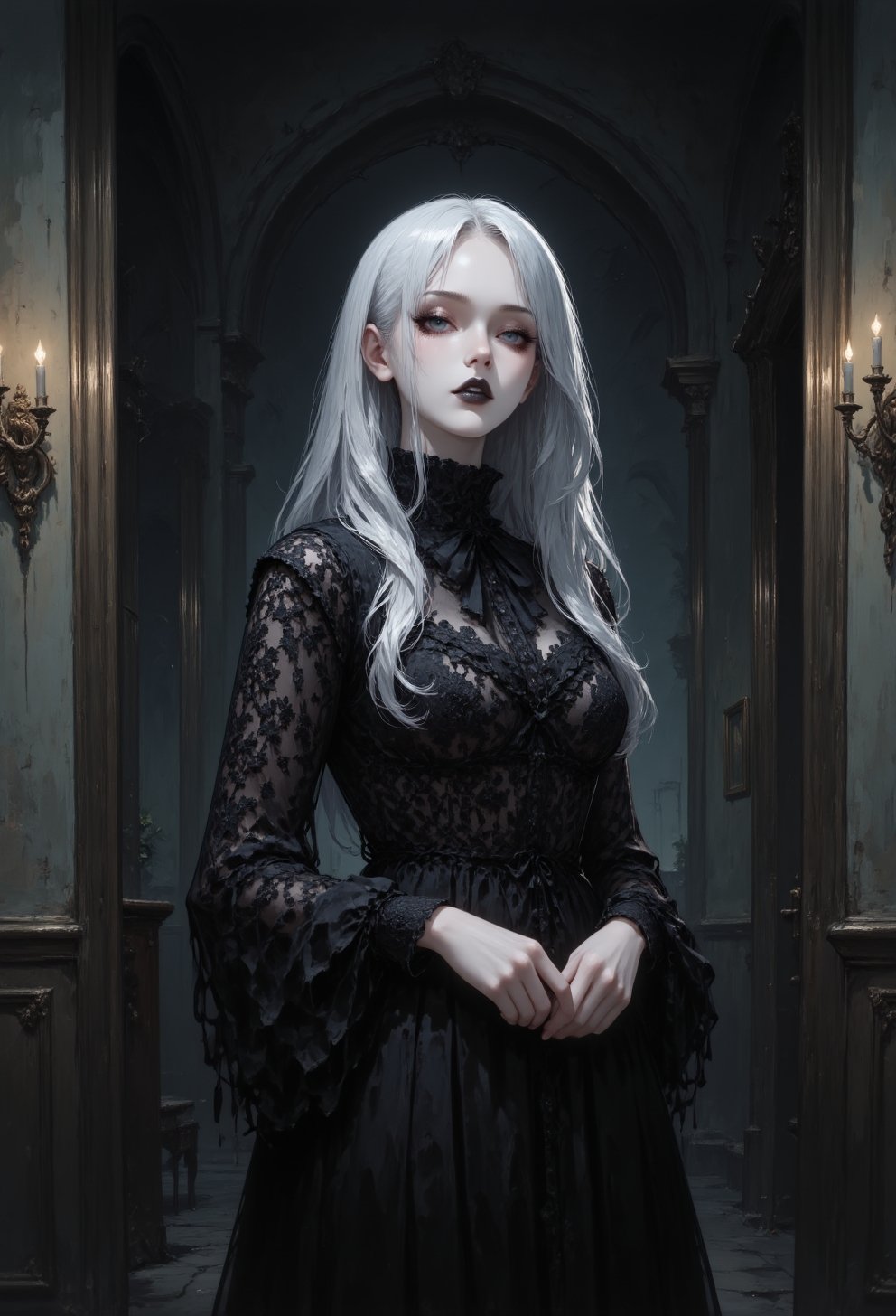 in the style of ckpg,  A hauntingly beautiful goth girl stands in a dimly lit room,  her platinum hair cascading like silv...