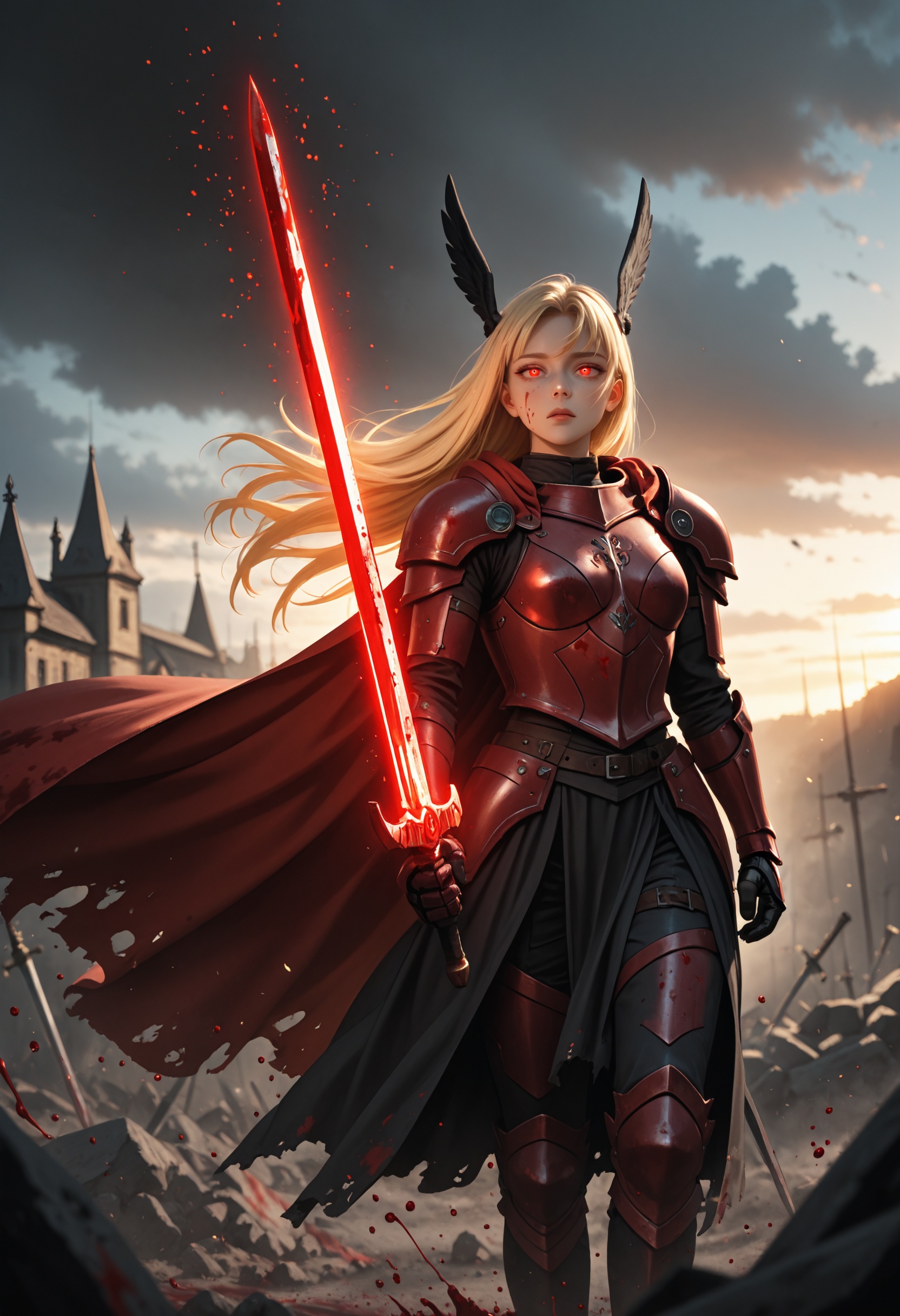 valkyrie,  red and black armor,  long blonde hair on Tensor.Art