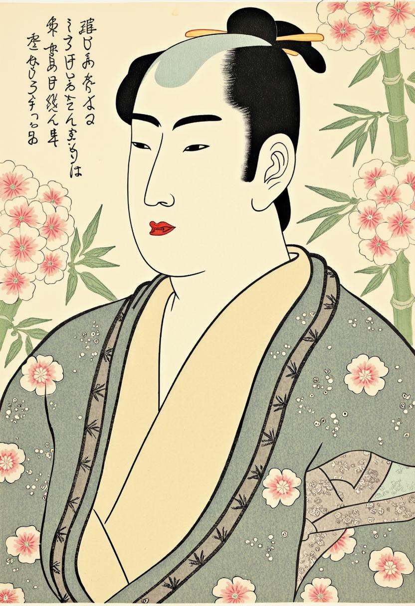 a detailed portrait of a Japanese man in the style of traditional Shunga art. The man has sharp facial features,  almond-s...