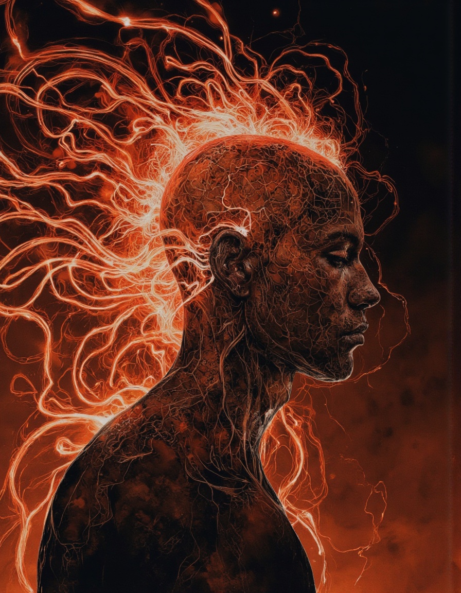 A highly detailed digital illustration.Light Trails art by Aaron Siskind and Farah Mahbub of a person with head replaced b...