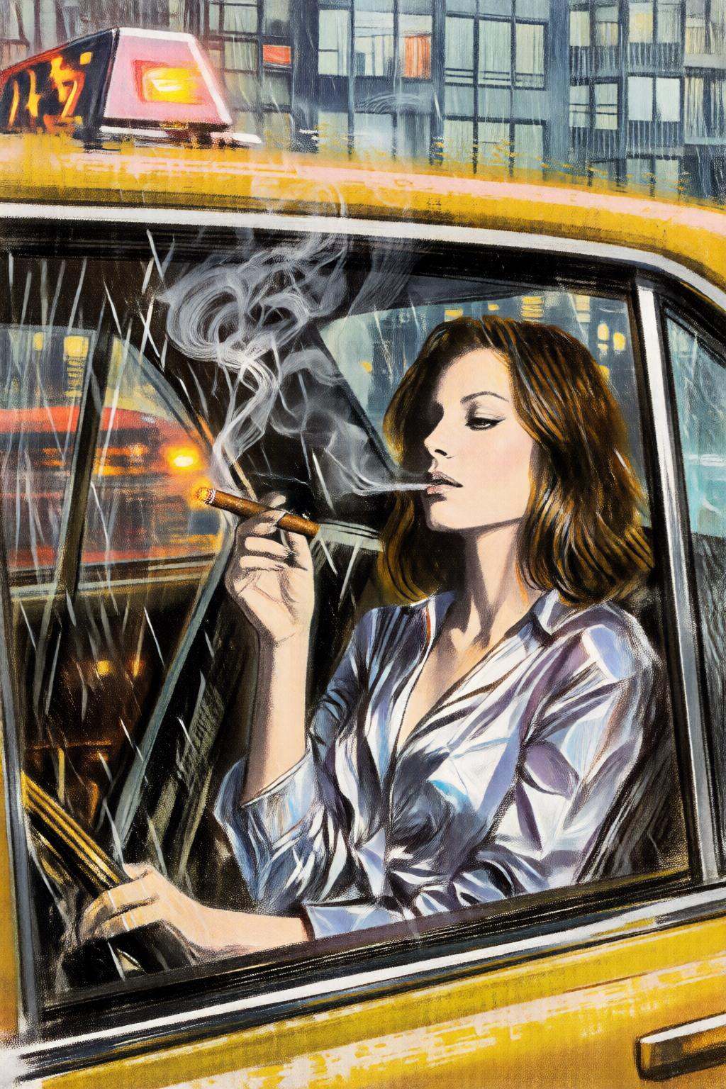 giannirenna2q illustration. silmas. A woman smoking wearing a rumpled silk blouse lounges in a taxi cab,  her reflection o...