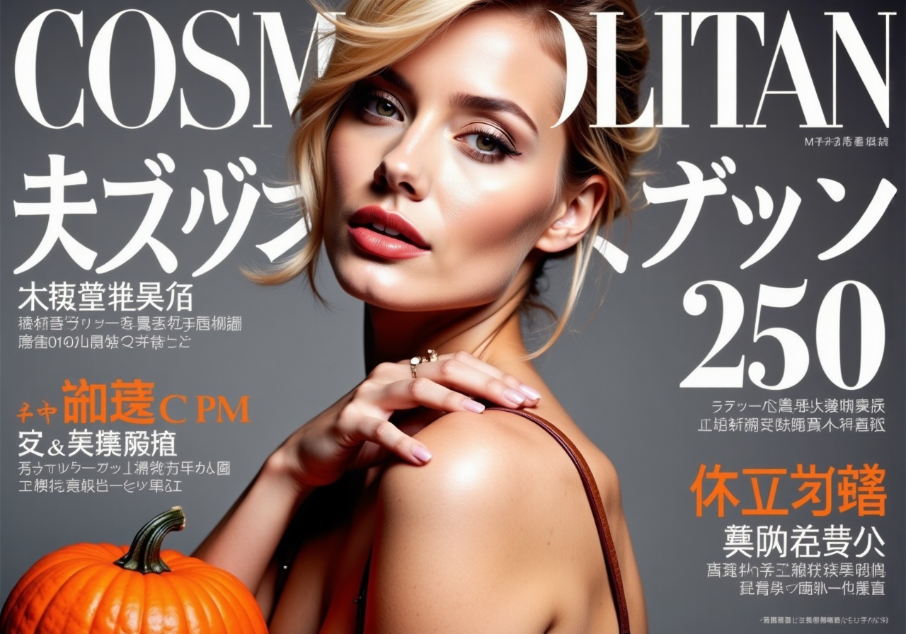 A high-fashion japanese magazine cover featuring a close-up,  upper-body shot of a beautiful blonde female model with an e...