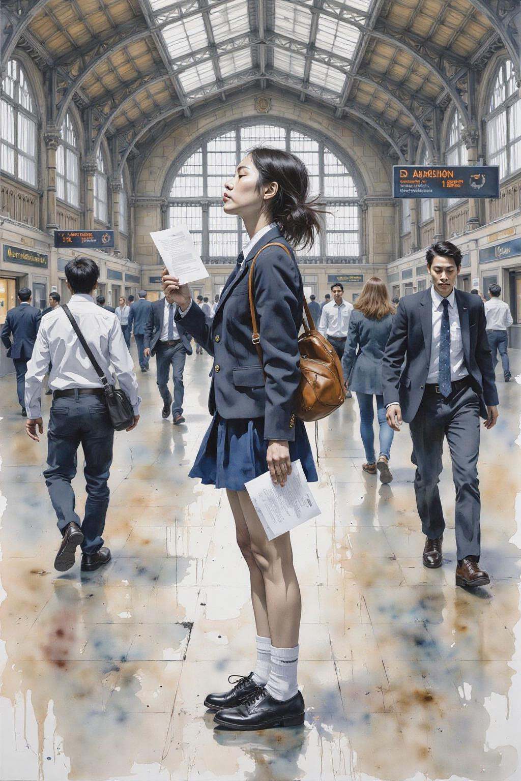 yawc1 watercolor. Profile of a high school student in uniform,  white socks and black shoes,  standing in the middle of a...