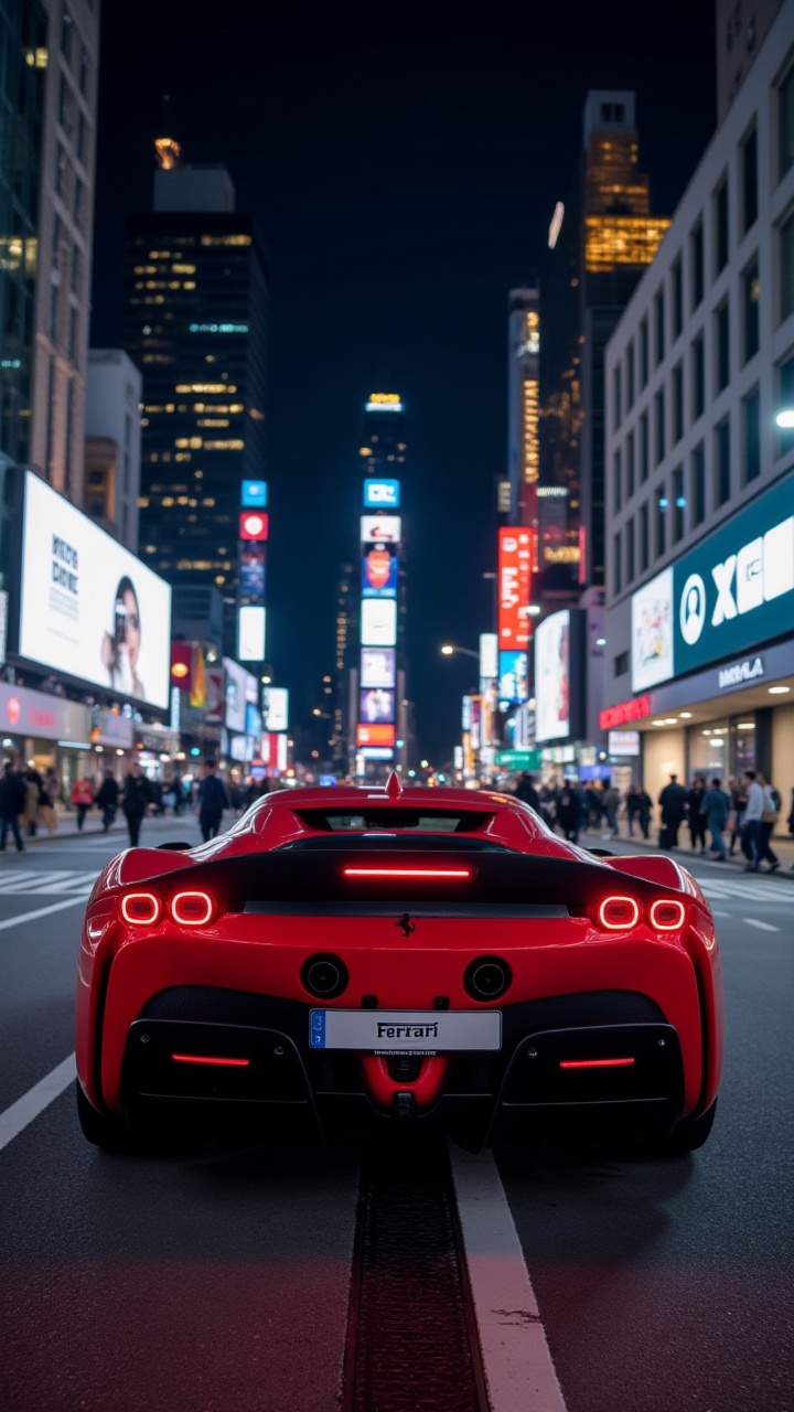 A rear view of the aidmaFerrariSF90 in the middle of a bustling urban street at night,  with skyscrapers and billboards to...