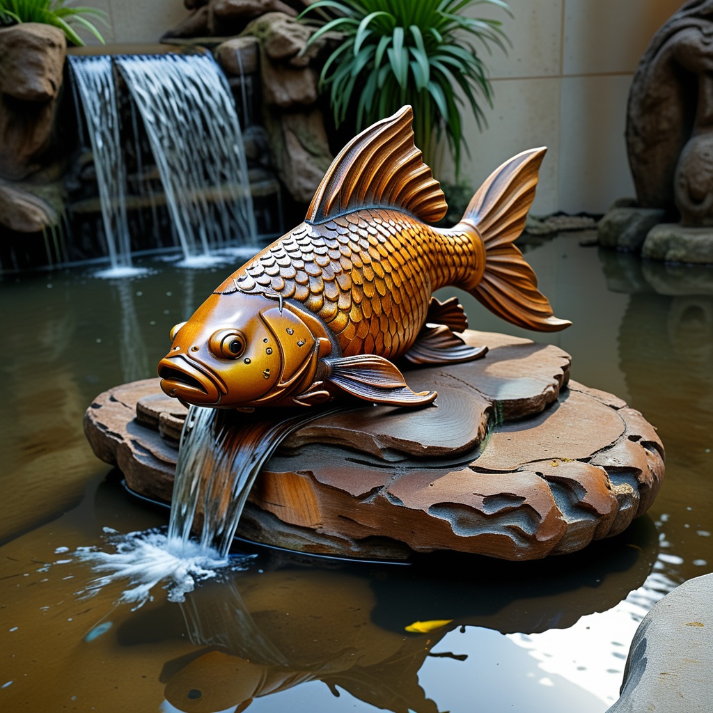 made of wood,  a gold fish statue,  antique statue on Tensor.Art