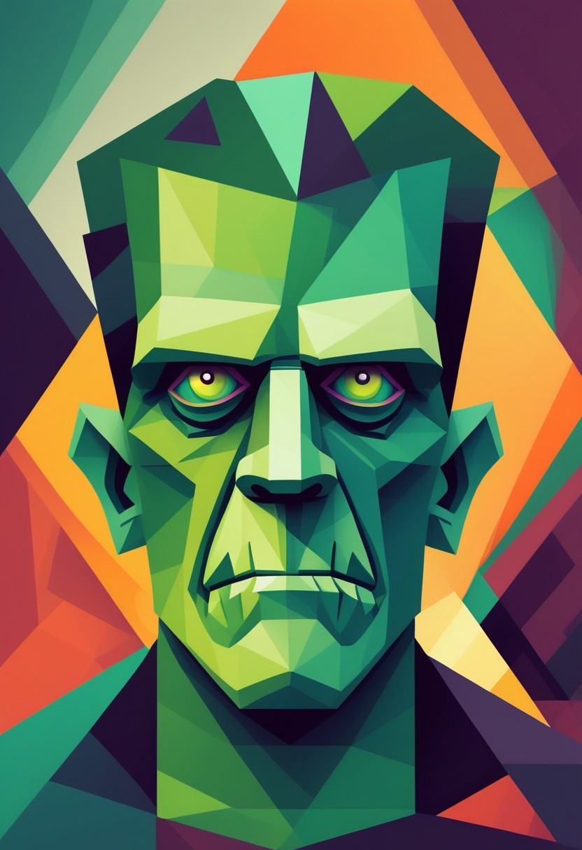 Create an image of Frankenstein's monster in an abstract style,  using geometric shapes and unconventional colors to repre...