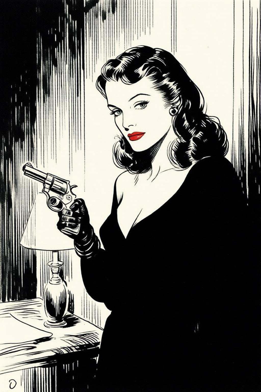 alexraymond2q illustration. Black and white drawing. a mysterious woman with dark,  wavy hair and piercing eyes stands in...