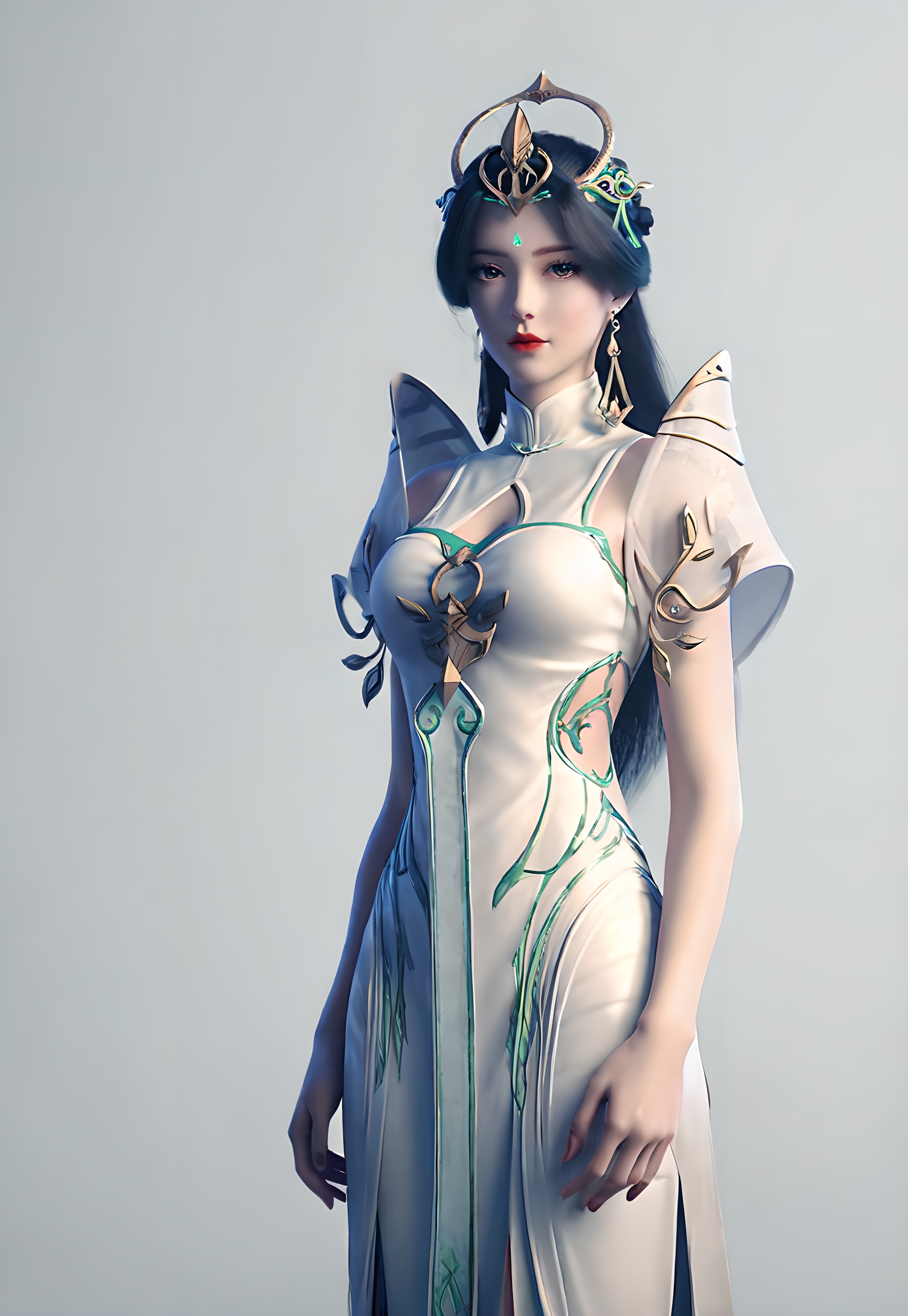 score_9,score_8_up,score_7_up,<lora:SF_LiuShen_Pony-000004:0.7>,1girl,solo,standing,dress,breasts,red lips,jewelry,hair ornament,earring,looking at viewer,white background,