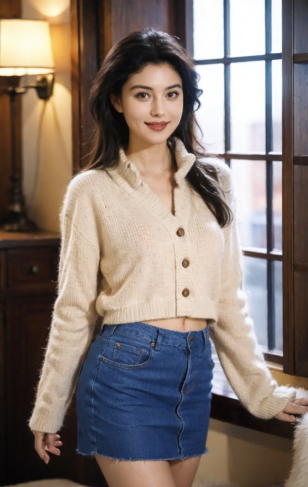 1girl, short skirts,looking at viewer, standing, indoors, Gentle lights, long hair, smile,