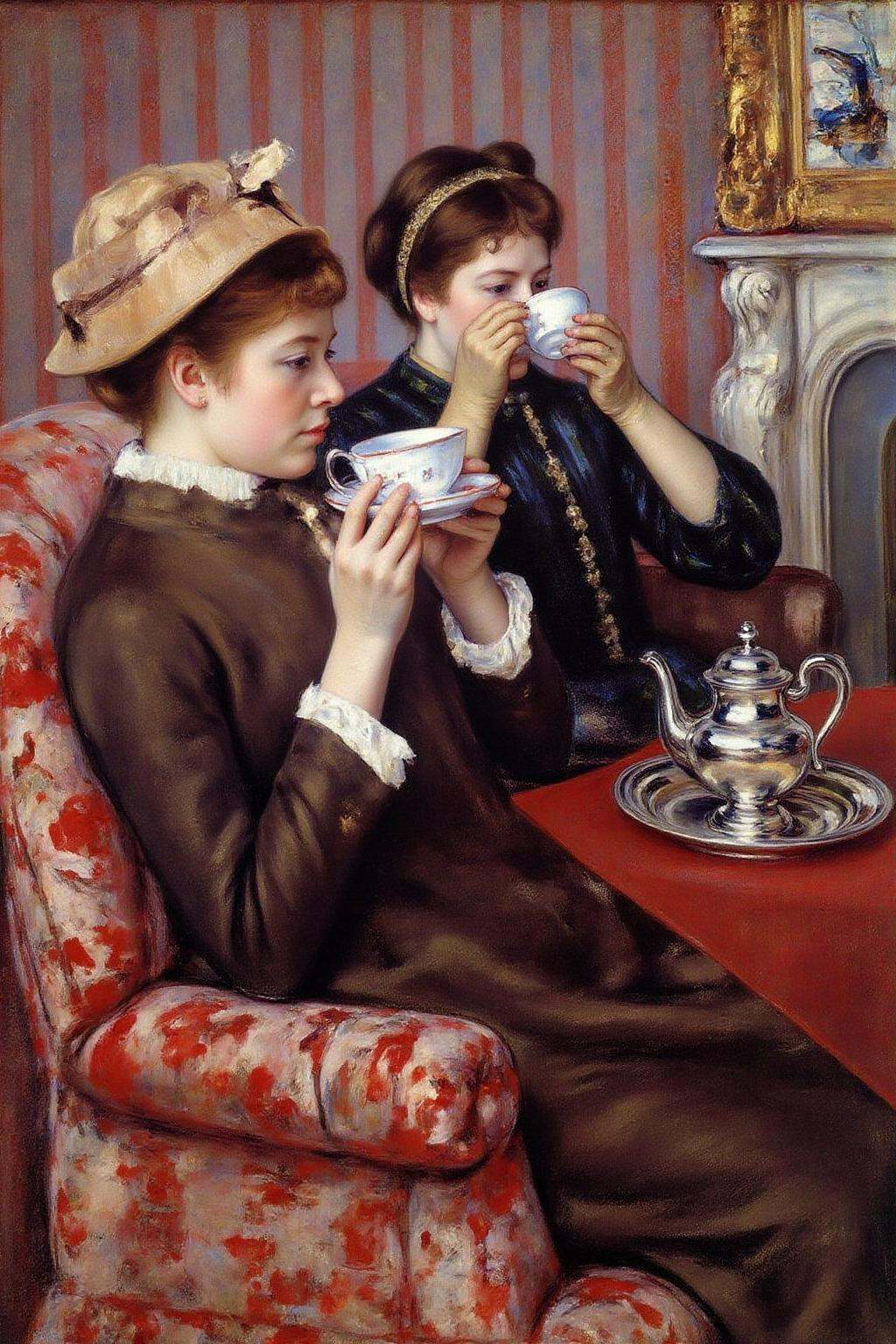 marycassatt1 painting.Two women enjoying tea in a refined,  Victorian-style setting. The woman on the left is in profiles....