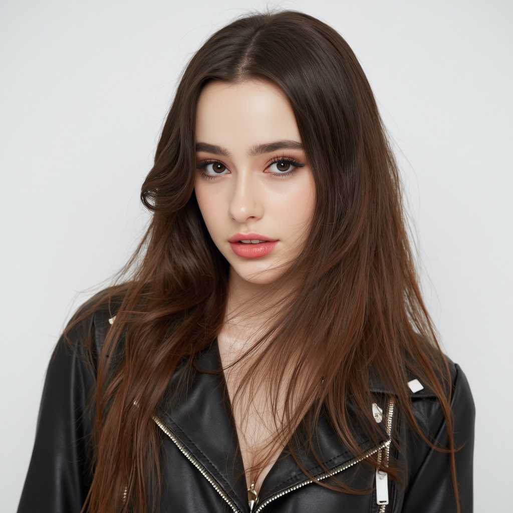 A portrait of dasha_taran with long,  flowing brown hair. She wears a black leather jacket with white zippers. Her makeup...
