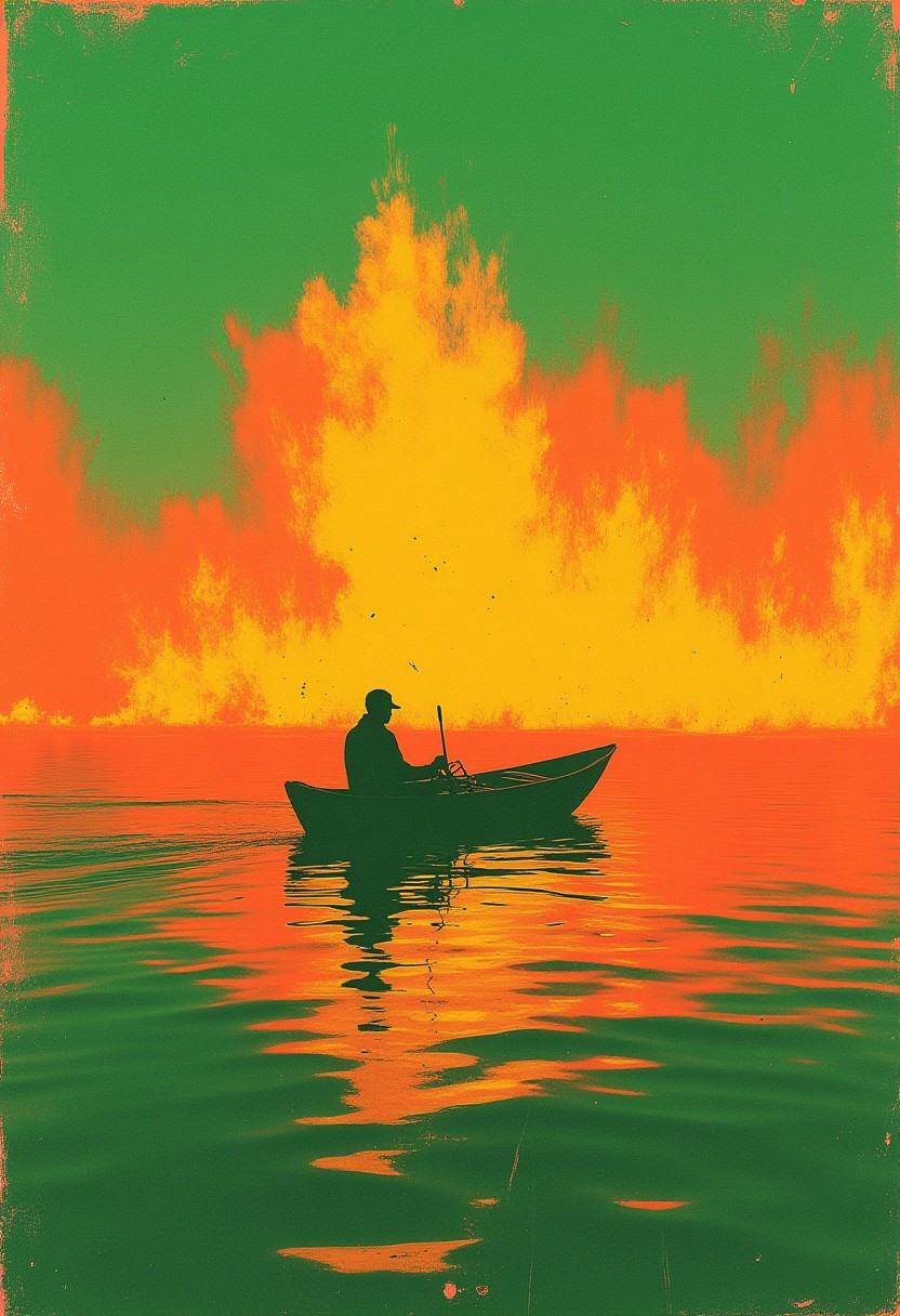 blankmj green scribble over raw analog photo,  boat in fire in the sky on Tensor.Art