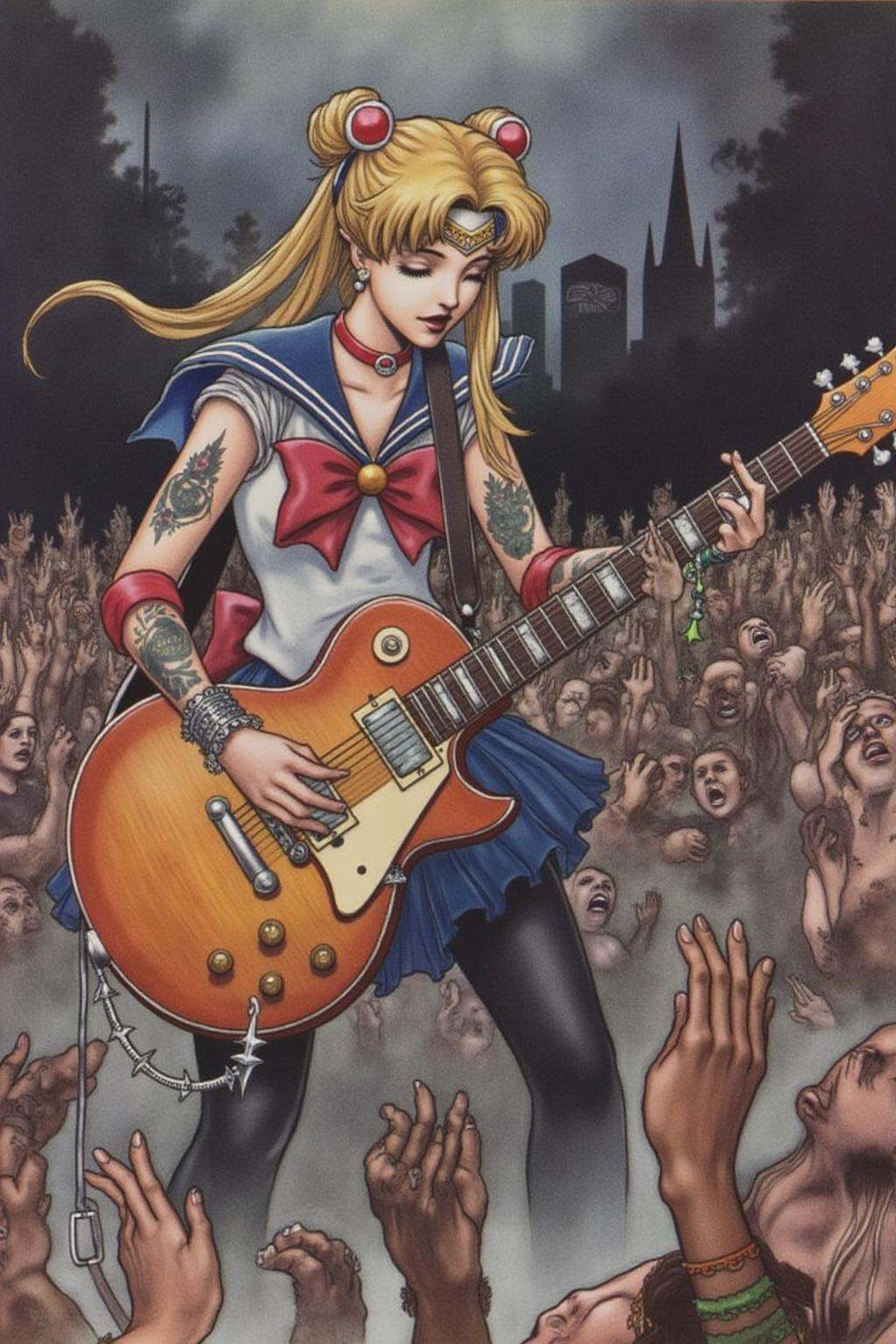 charob1 illustration. sailor moon playing a guitar at a heavy metal mosh pit,  tattoos,  piercing. on Tensor.Art