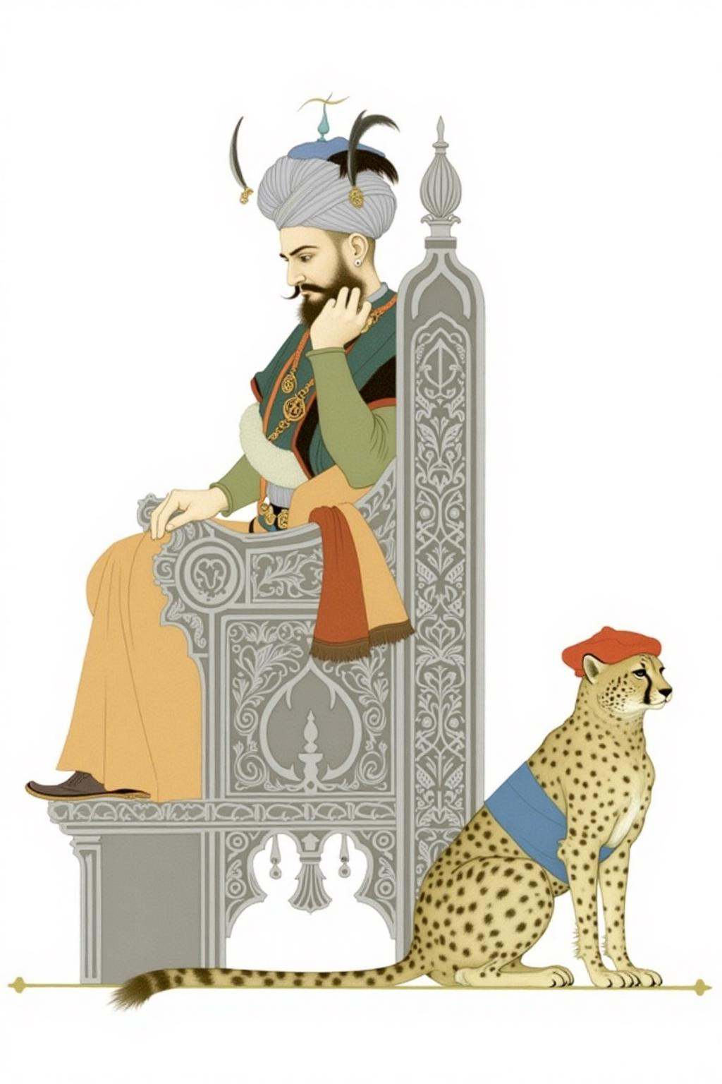 olgadugina1 illustration. A sultan,  shown in side profile,  is sitting on an intricately designed throne on Tensor.Art