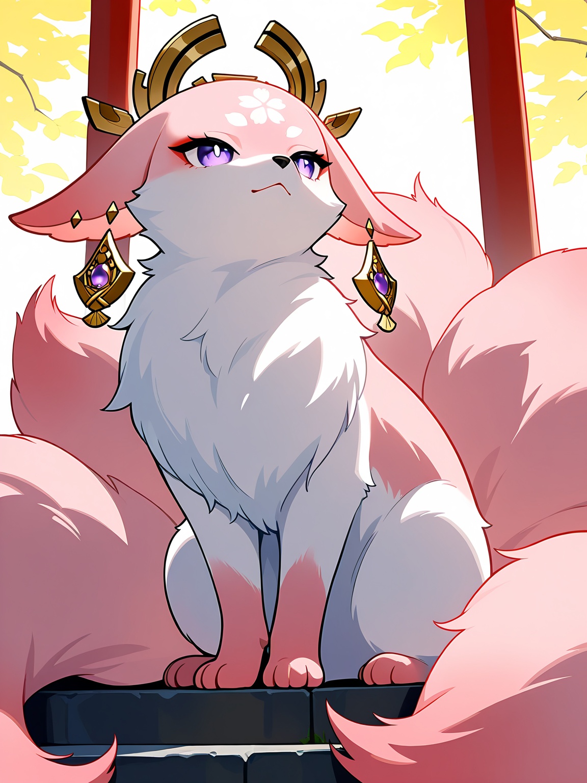 masterpiece, best quality, yae miko \(fox\), earrings, animal, multiple tails, no humans,