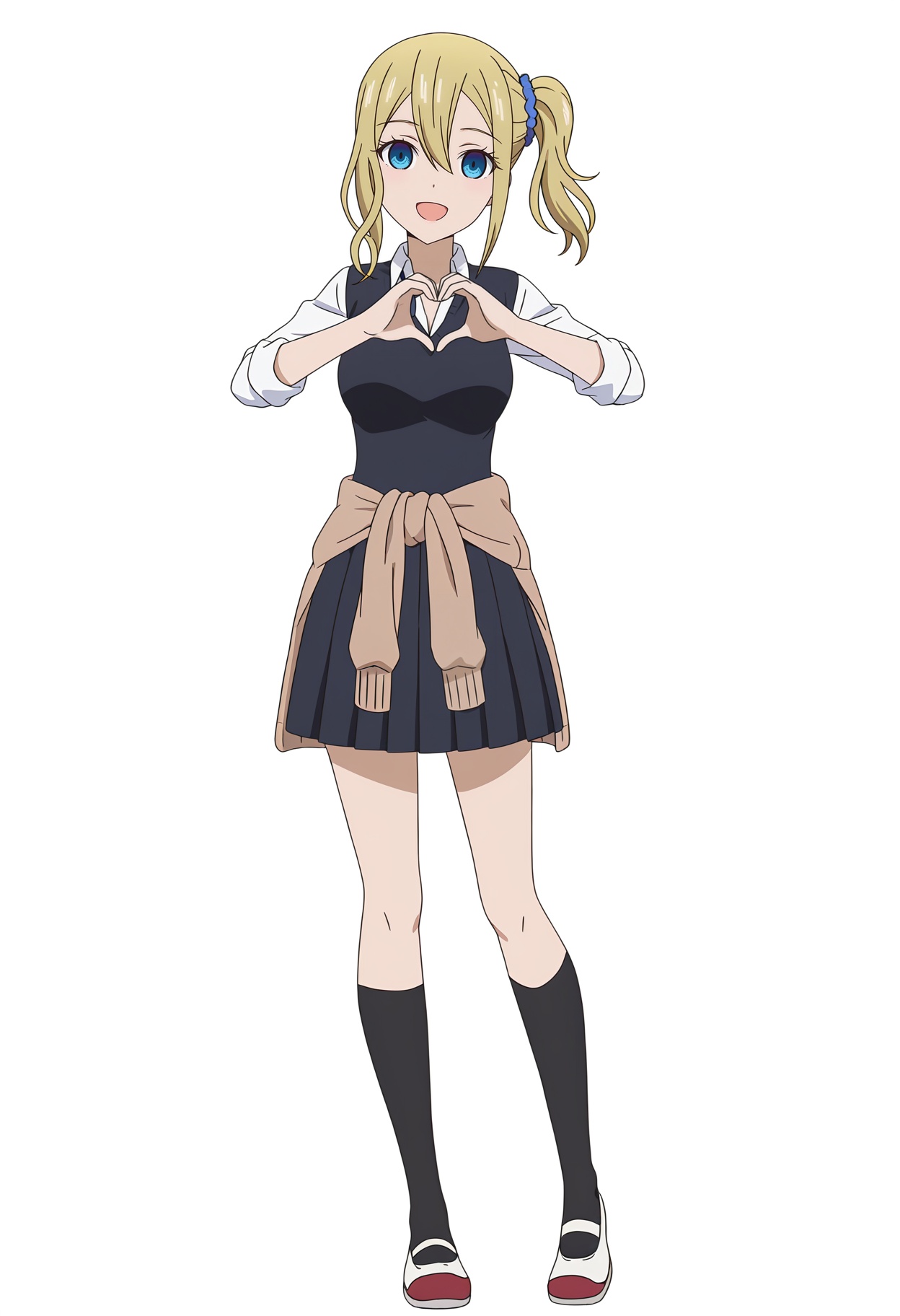 <lora:Ai HAYASAKA_illustrious-000018:1>,1girl,solo,Ai HAYASAKA,solo,side ponytail,scrunchie,blue scrunchie,heart,school uniform,hair scrunchie,heart hands,hair ornament,open mouth,socks,white footwear,black socks,looking at viewer,smile,shoes,full body,clothes around waist,shirt,uwabaki,black dress,long sleeves,:d,white background,sidelocks,breasts,dress,kneehighs,white shirt,sweater,collared shirt,cardigan,medium breasts,anime screencap,