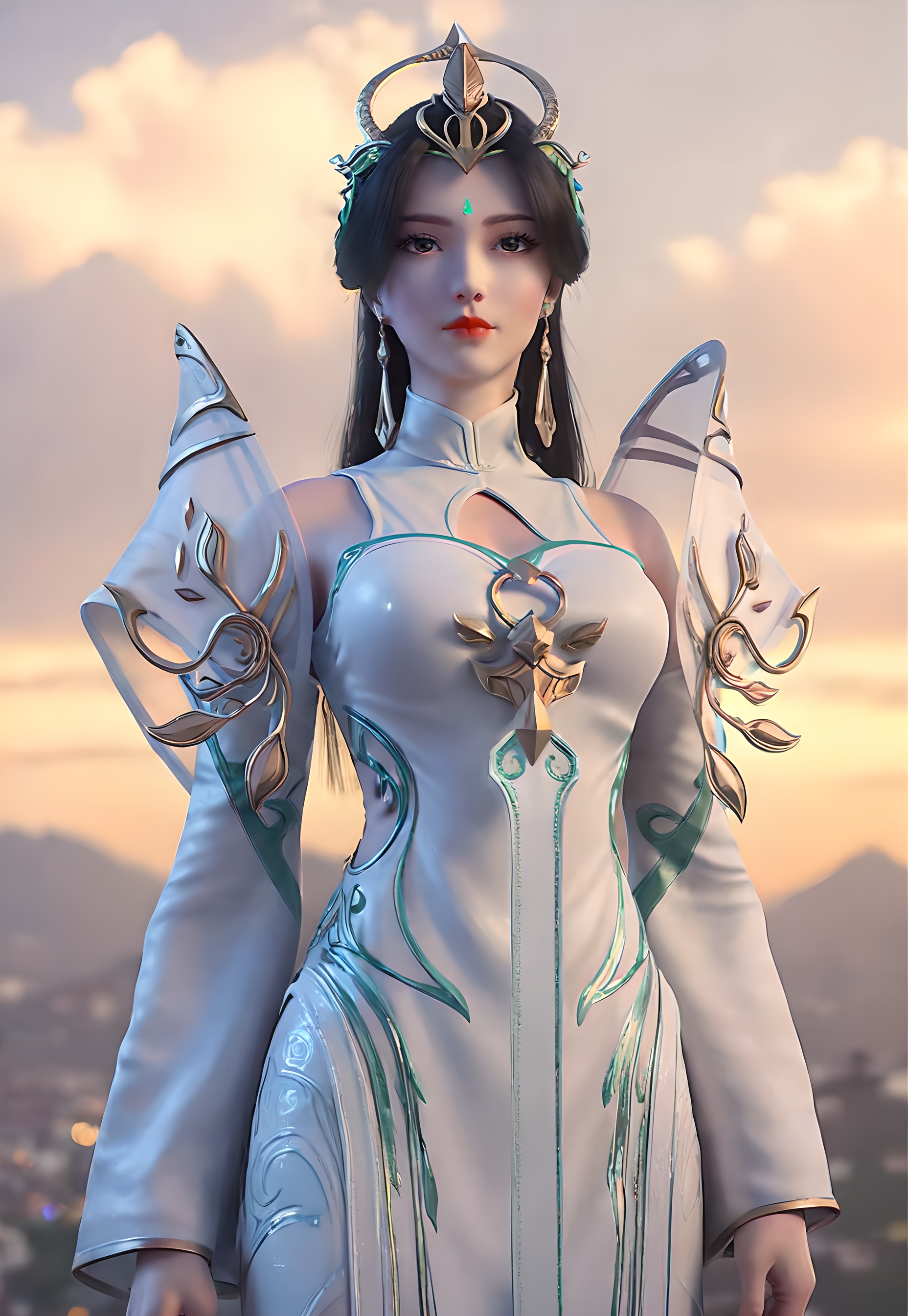 score_9,score_8_up,score_7_up,<lora:SF_LiuShen_Pony-000004:0.7>,1girl,solo,standing,dress,breasts,red lips,jewelry,hair ornament,earring,looking at viewer,white background,