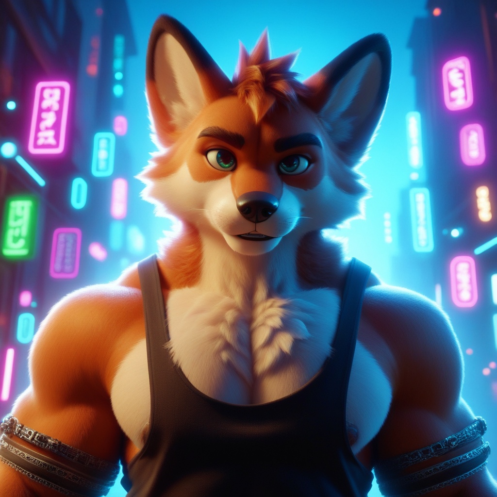 score_9, score_8_up, score_7_up, Highly detailed 3D furry art featuring an anthropomorphic character. The character is muscular, with expressive features and detailed fur textures. The lighting emphasizes the contours of the body, while the background enhances the overall atmosphere. The scene should convey a sense of realism, with attention to detail in fur, clothing, and any accessories. Use vibrant colors and a dynamic pose to bring the character to life