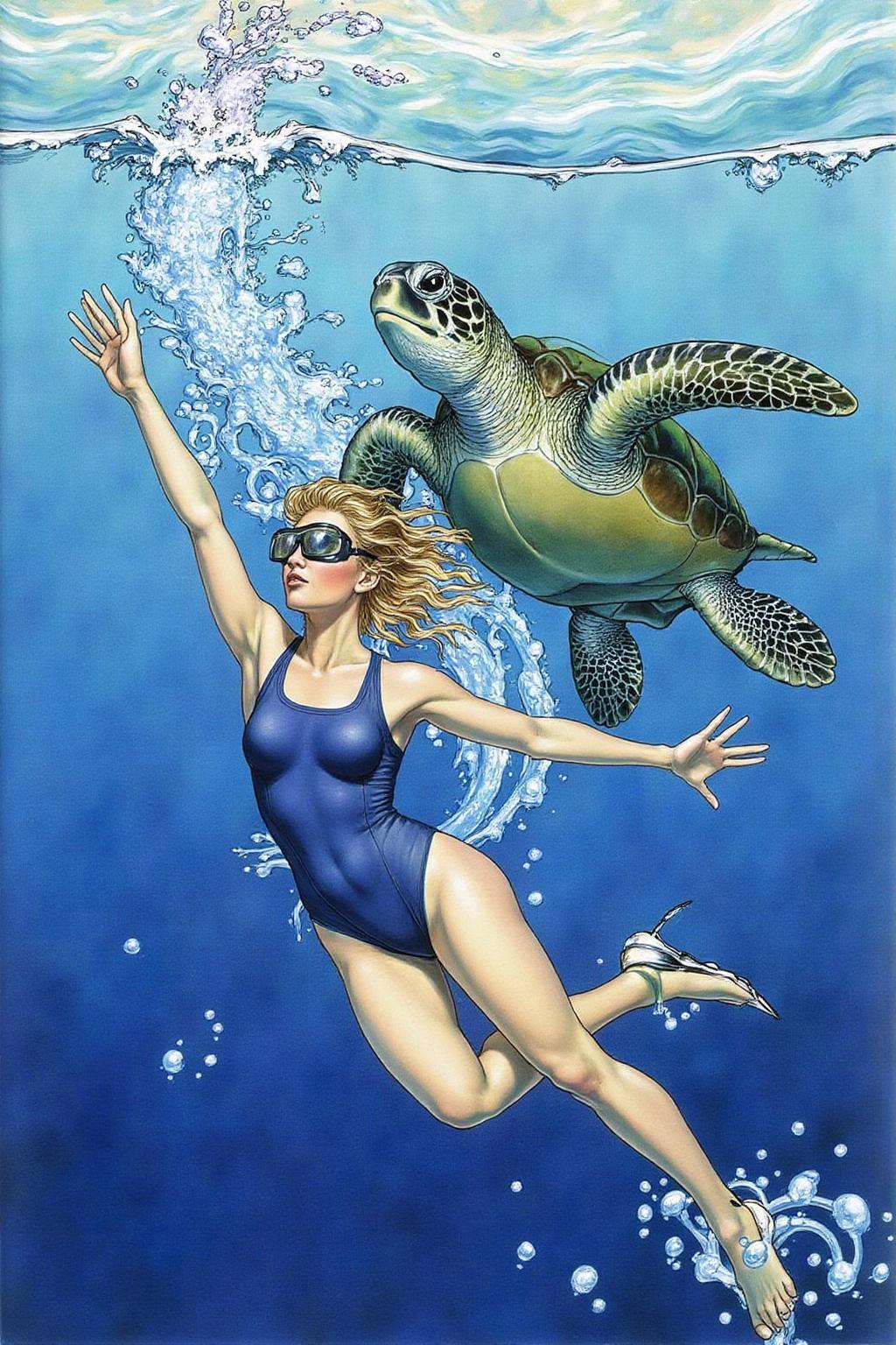 jole1 illustration.a woman swimming underwater. The woman is wearing a blue one piece swimsuit,  and she is wearing goggle...