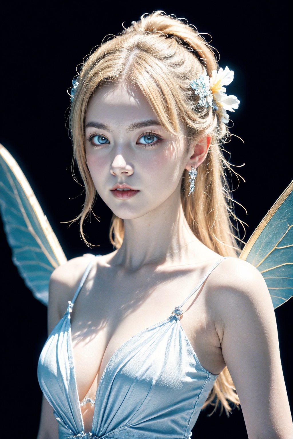 1girl, solo, flower, wings, hair flower, hair ornament, blonde hair, parted lips, realistic, breasts, looking at viewer, upper body, eyelashes, cleavage, hair bun, insect wings, earrings, blue eyes, lips, petals, dress, jewelry, fairy, bug, collarbone, long hair, bare shoulders, white flower, braid, fairy wings, butterfly, teeth, butterfly wings, see-through, single hair bun, black background, nose, white dress, mascara, simple background, blurry, floating hair, artist name, sleeveless