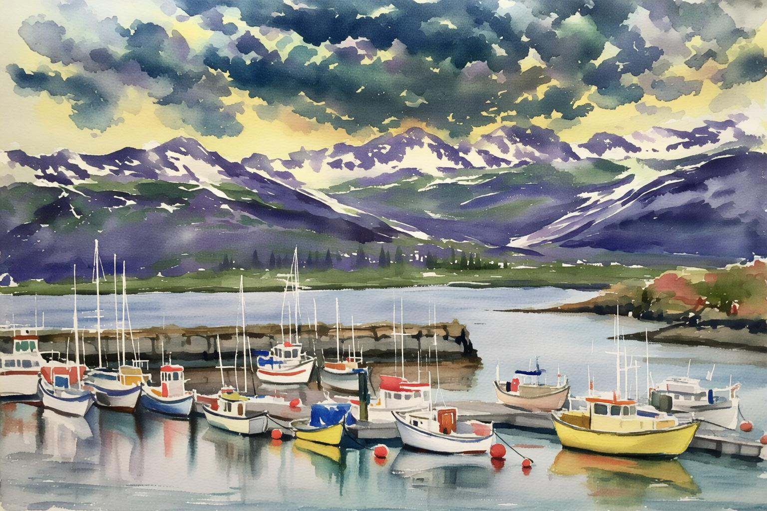 watercolorbasic2q watercolor painting. A bay filled with various boats and yachts anchored in calm,  reflective water. In...