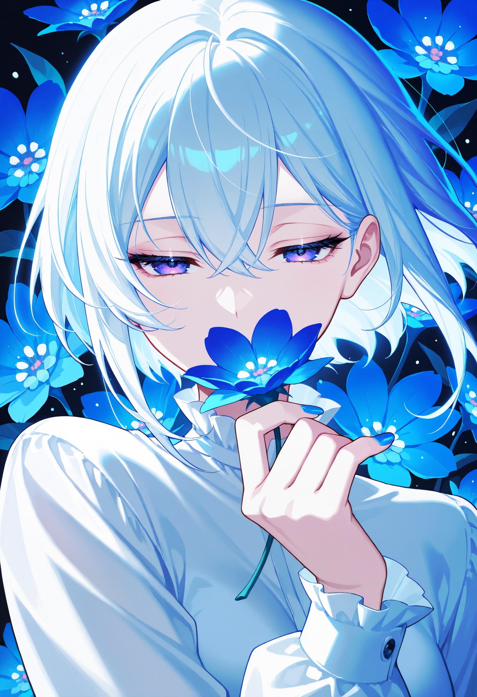 1girl,  looking at viewer,  holding a big blue flower on Tensor.Art