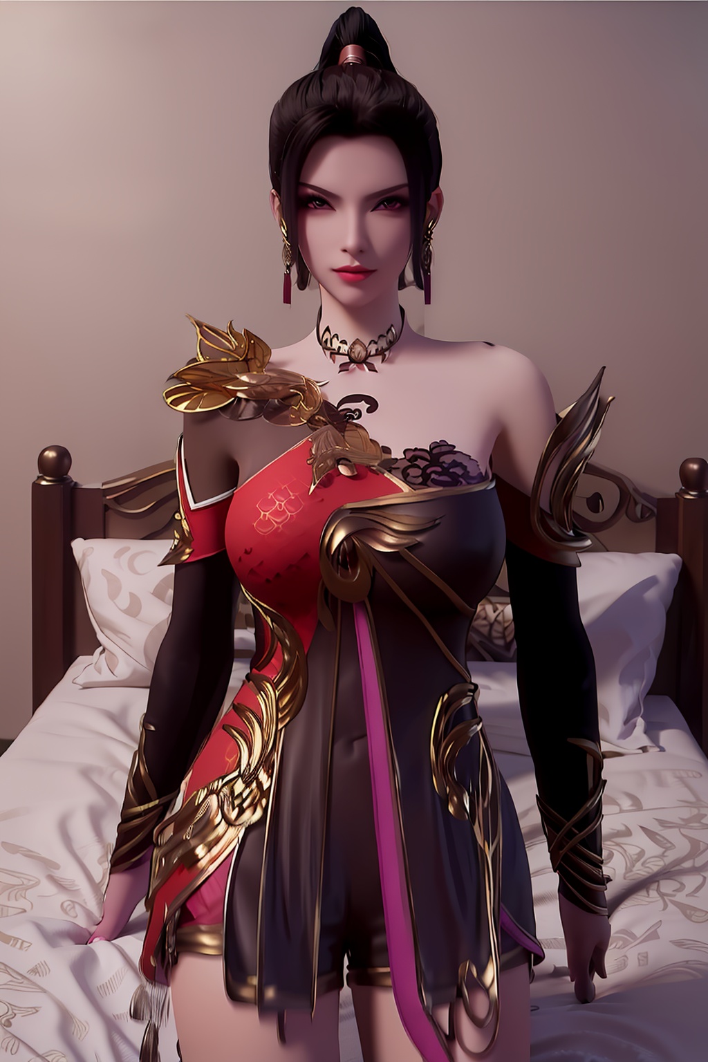 3D,masterpiece,(best quality),(makeup),official art, extremely detailed cg 8k wallpaper,((crystalstexture skin)), (extremely delicate and beautiful),(highly detailed),(1girl), (solo), (jewelry), (earrings),(black_hair),(long_hair),(hair_ornament),(handwear),(breasts),(collar),,(upper_body),(multicolored_clothes),(multicolored_dress),shorts,(bare_shoulder),(armor),ponytail,(chinese_clothes),(adapted_costume),(sunshine, outdoor,bed),((looking_at_viewer)),((Facing the camera)),, <lora:hipoly3DModelLora_v10:0.3>