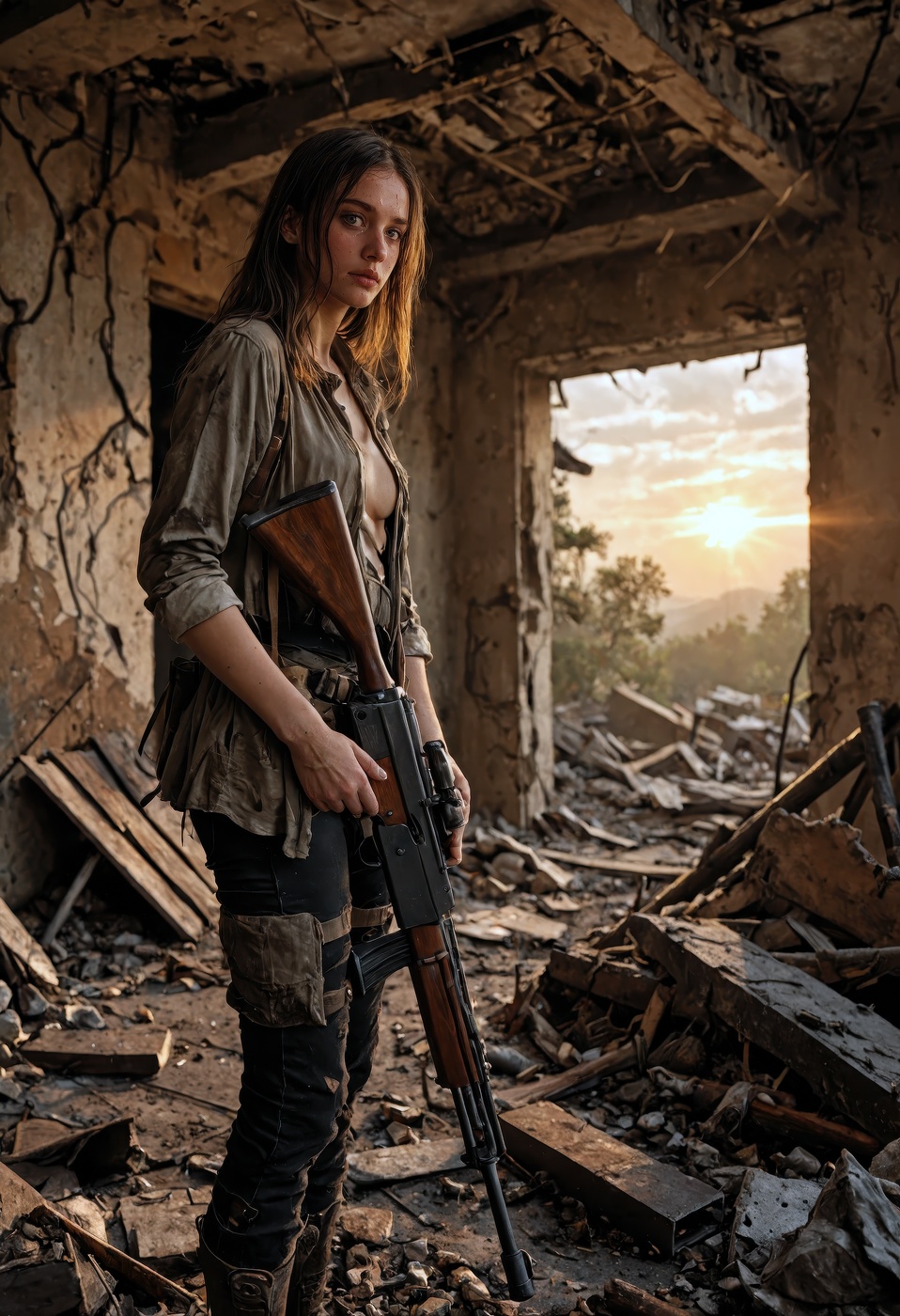 A post-apocalyptic survivor,  standing in the ruins of a once-great city. The backdrop is filled with crumbling skyscraper...