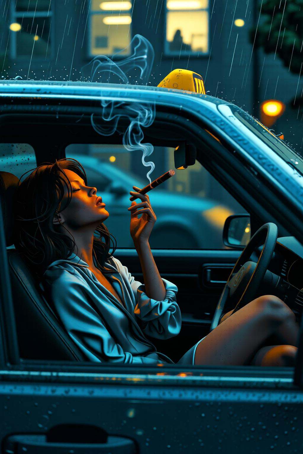 pascalblanche2q illustration. silmas. A woman smoking wearing a rumpled silk blouse lounges in a taxi cab,  her reflection...
