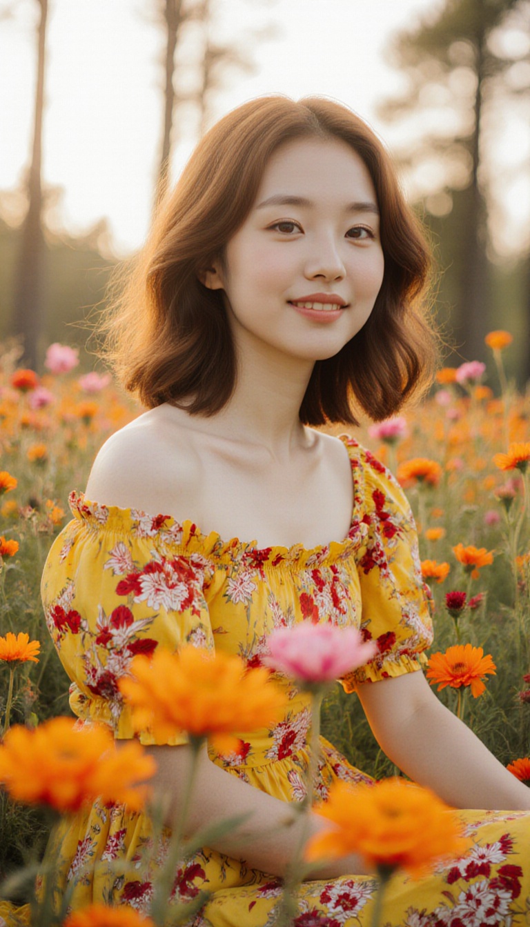 A young woman with fair skin and shoulder-length,  wavy auburn hair sits in a field of blooming orange and pink flowers. S...