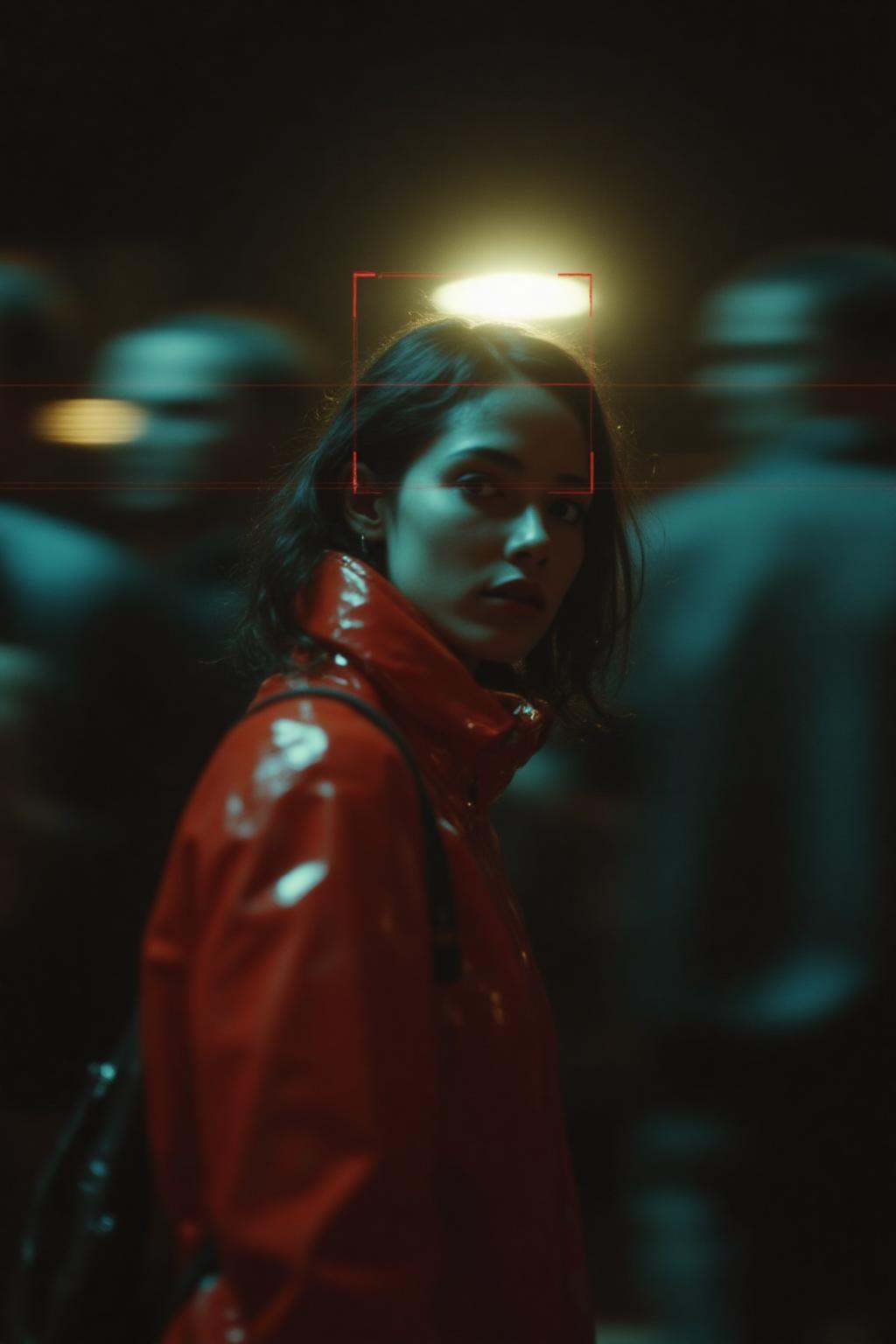 midjourney analog photograph. A young Latina woman with dark hair,  her back to the viewer,  in a shiny red jacket on Tens...