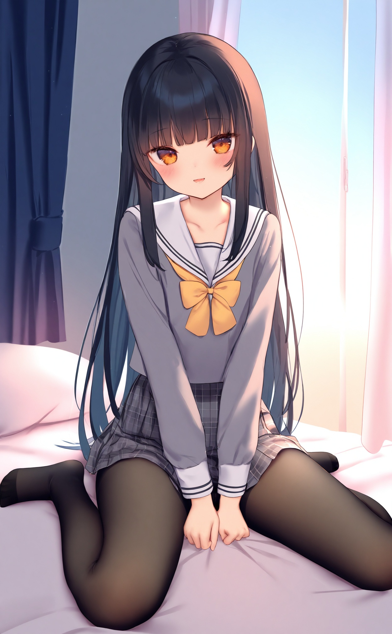 masterpiece,best quality,high quality,(colorful),artist Alens,nai3 Style,Artist:fymrie,Artist\:agwing86,Artist\:chen bin,artist onineko,artist wlop,loli,1girl,pantyhose,solo,skirt,long hair,smile,school uniform,looking at viewer,plaid skirt,sitting,plaid,black pantyhose,black hair,grey skirt,indoors,no shoes,sailor collar,long sleeves,curtains,wariza,panties,grey shirt,between legs,on bed,serafuku,underwear,grey serafuku,white sailor collar,hand between legs,pleated skirt,blunt bangs,blush,bed sheet,panty peek,brown eyes,backlighting,shirt,orange eyes,very long hair,hand up,ribbon,window,panties under pantyhose,collarbone,sidelocks,straight hair,bow,