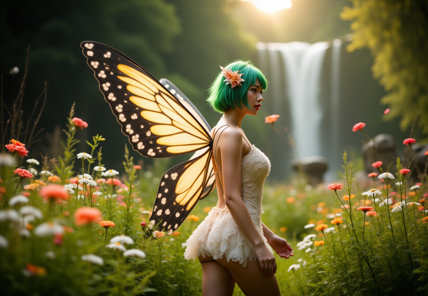 ultra realistic cinematic photo of A airy fantasy angel-winged scandinavian woman with vibrant green hair styled in a bob...