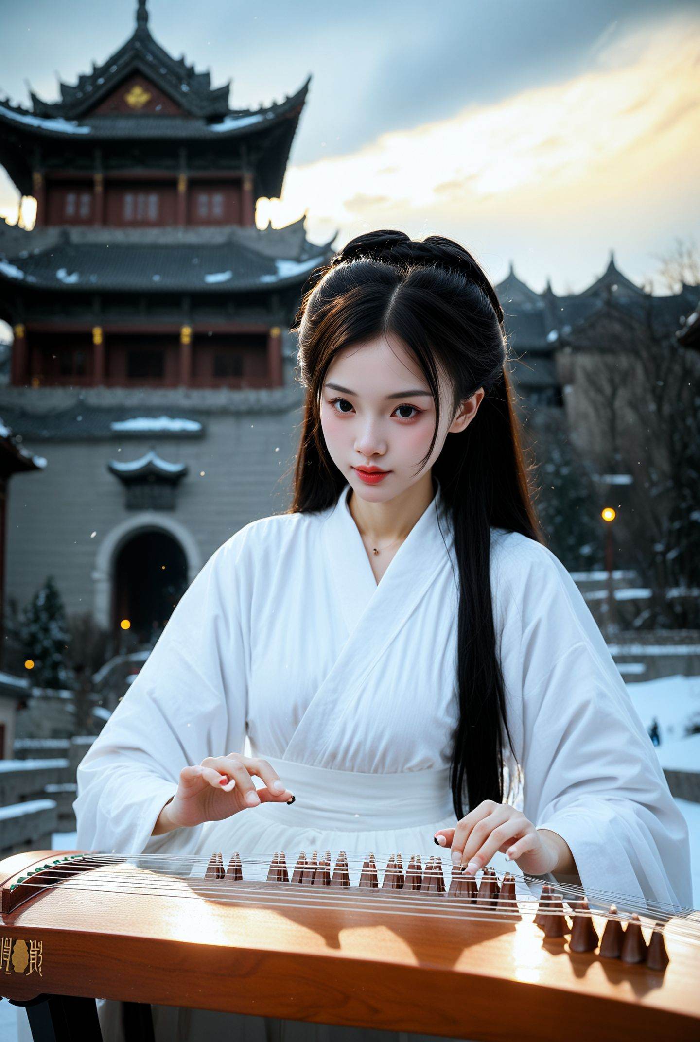 (score_9,score_8_up,score_7_up,score_6),hanfu,1girl,playing (Chinese zither:1.2),simple,(blurry background:1.1),blurry,(blurry foreground:1.1),Atop the ethereal Cloud chinese Palace,a maiden clad in a white Hanfu. Her attire is as pure as snow,casting a golden glow on her serene face and the misty clouds.,