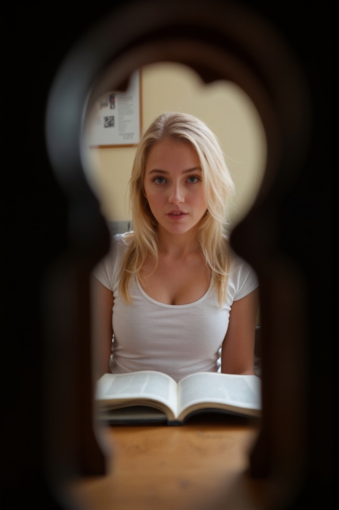 A photo of a view through a keyhole,  showing a woman with blond hair sitting on a table and read a book,  she is looking...