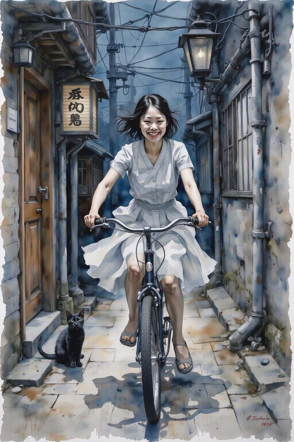 yawc1 watercolor.A Japanese school girl riding a old style bicycle through a narrow,  quiet street at night. The happy wom...