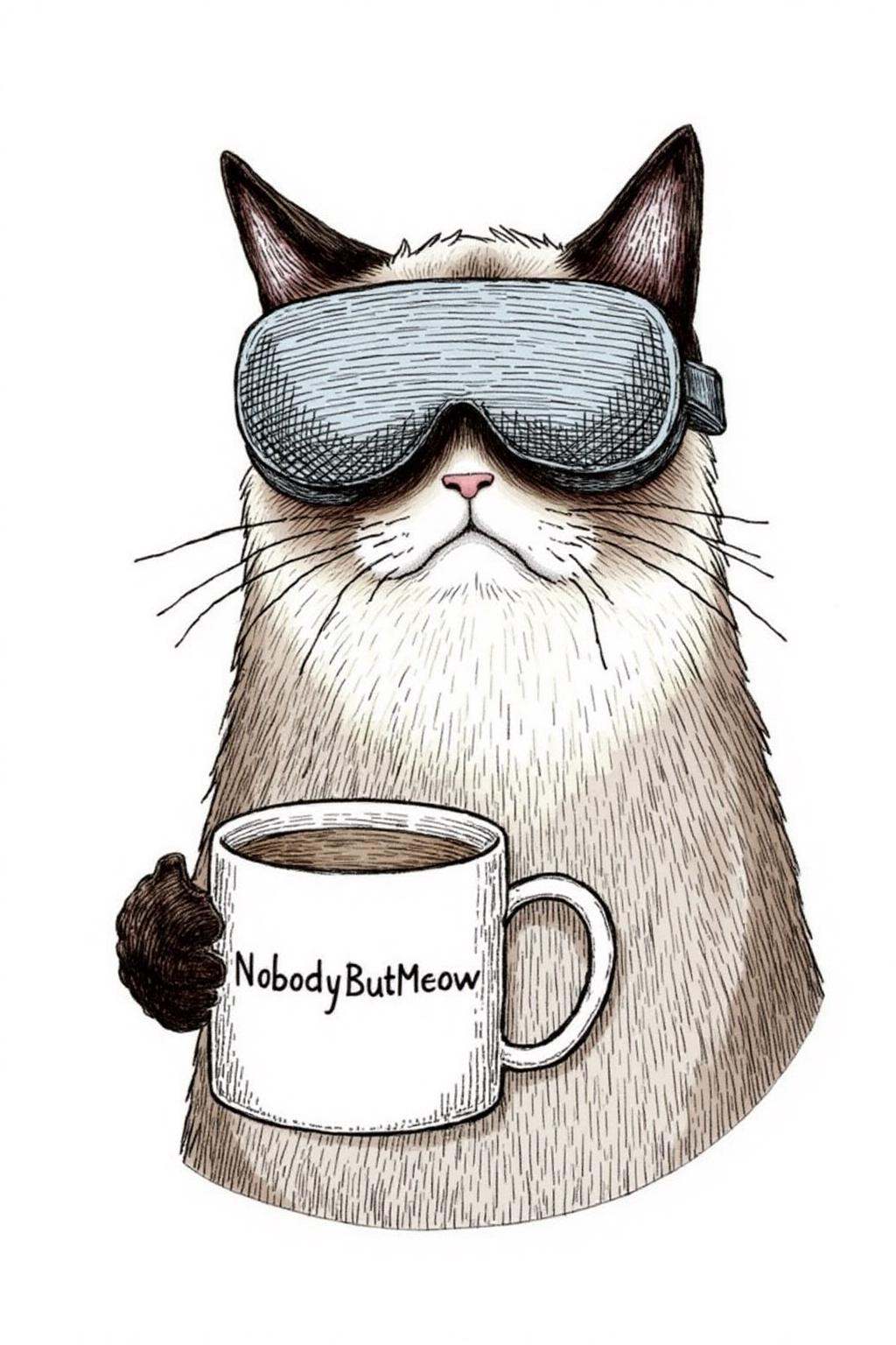 edwardgorey1 illustration. Grumpy Cat wearing a VR Headset,  holding a coffee mug. The mug has the phrase "NobodyButMeow"...