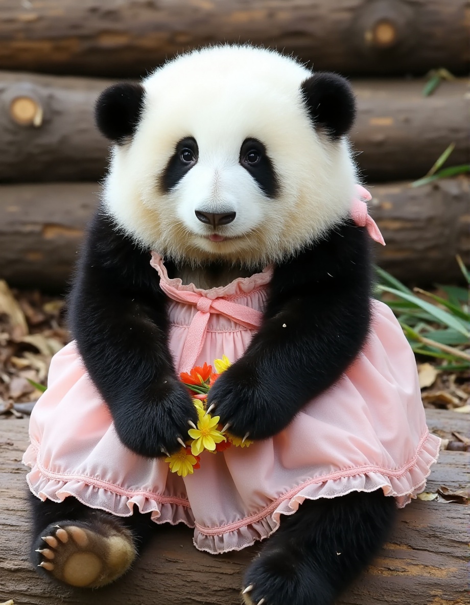 This high-resolution photograph captures a charming panda named Huahua,  depicted with her distinctive black and white fur...