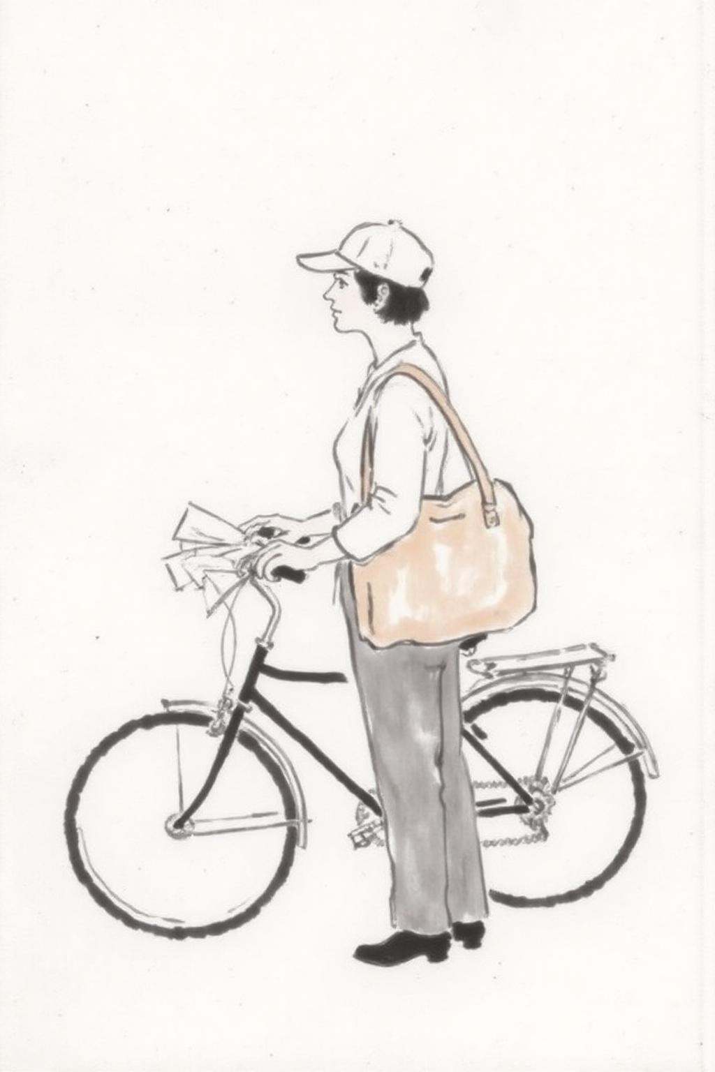 xbh1 minimalist ink painting. A woman,  standing with a bicycle. The woman is depicted with a simple,  stylized appearance...