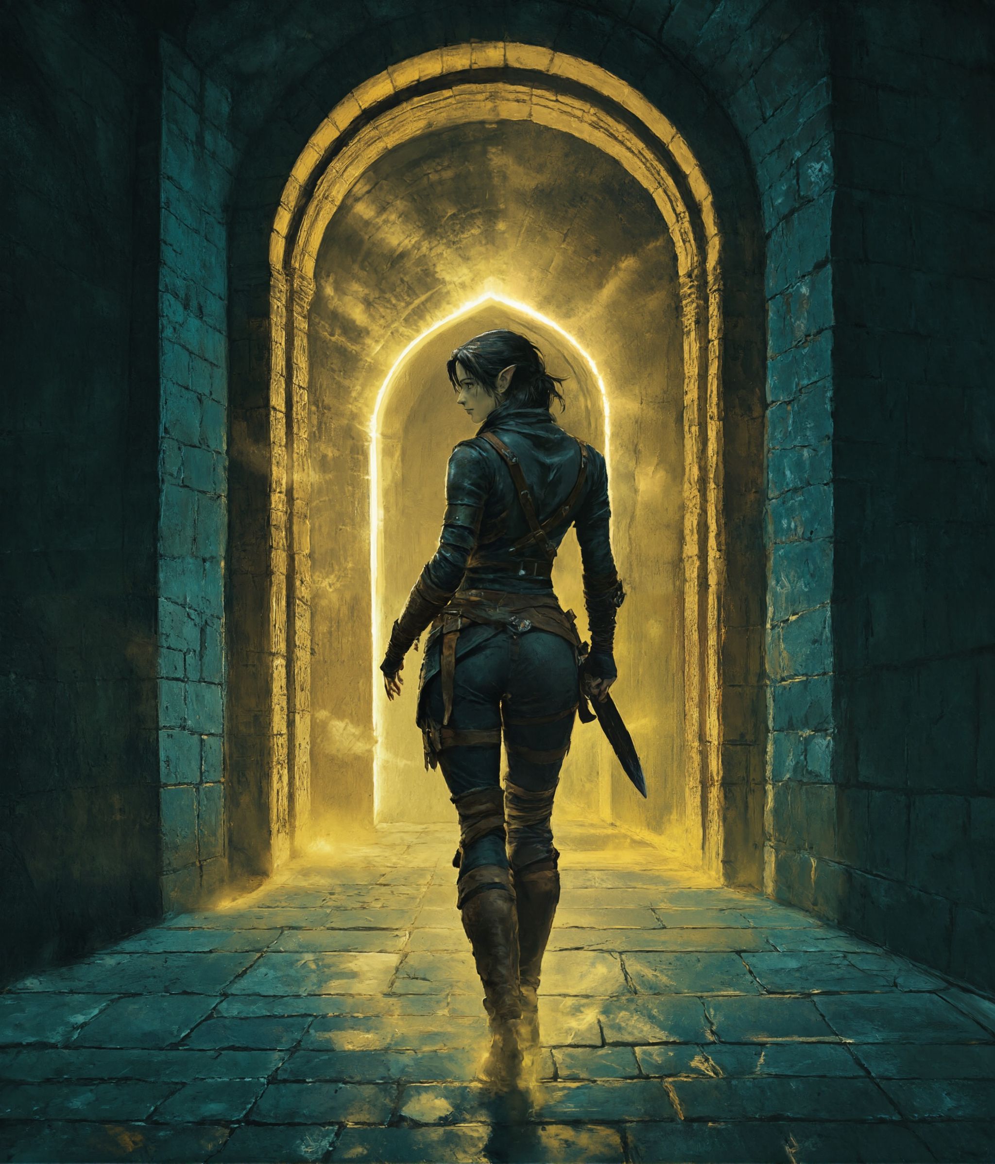 Create a digital illustration of a mysterious elven rogue standing in a dimly lit stone passage. The character is position...