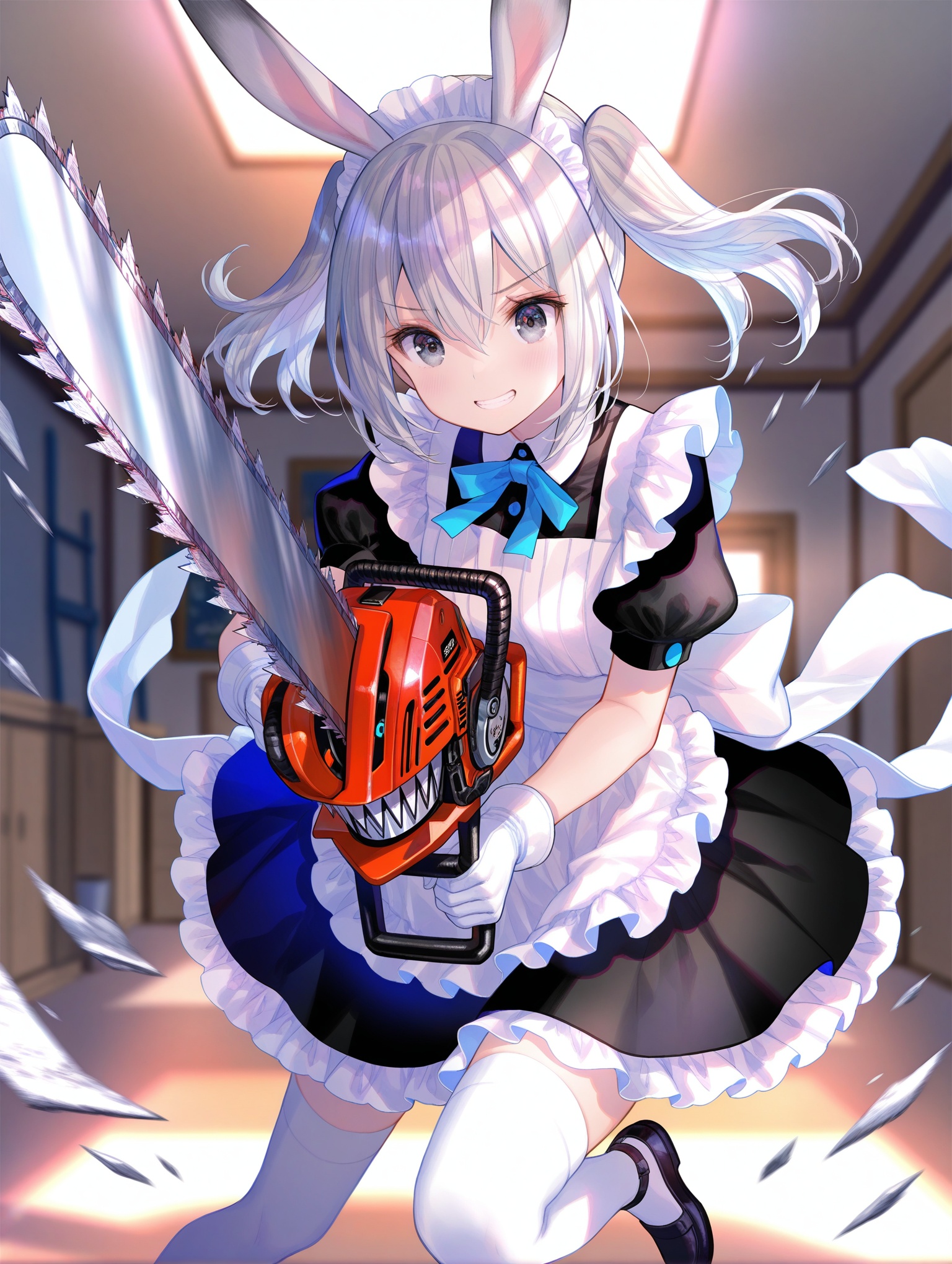 1girl,depth of field,masterpiece,high quality,best quality,beautiful,perfect lighting,detailed face,detailed body,(illustration),detailed,highly detailed,hdr,twintails,hair between eyes,holding chainsaw,cutting,clenched teeth, smile, motion blur, mid air,slow motion,fuzichoco,rabbit ears,grey hair,grey eyes,short hair,multicolored hair, large chainsaw, gaint chainsaw,maid, miniskirt, chainsaw takes half of screen,white thighhighs, white gloves,                                                                                                                                                                                                                                                                                                          ,masterpiece,best quality,amazing quality,