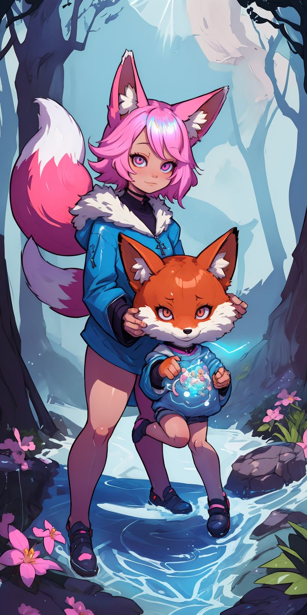 fox girl and Cute and adorable cartoon baby fox,  thin and shiny fur,  lovely on Tensor.Art