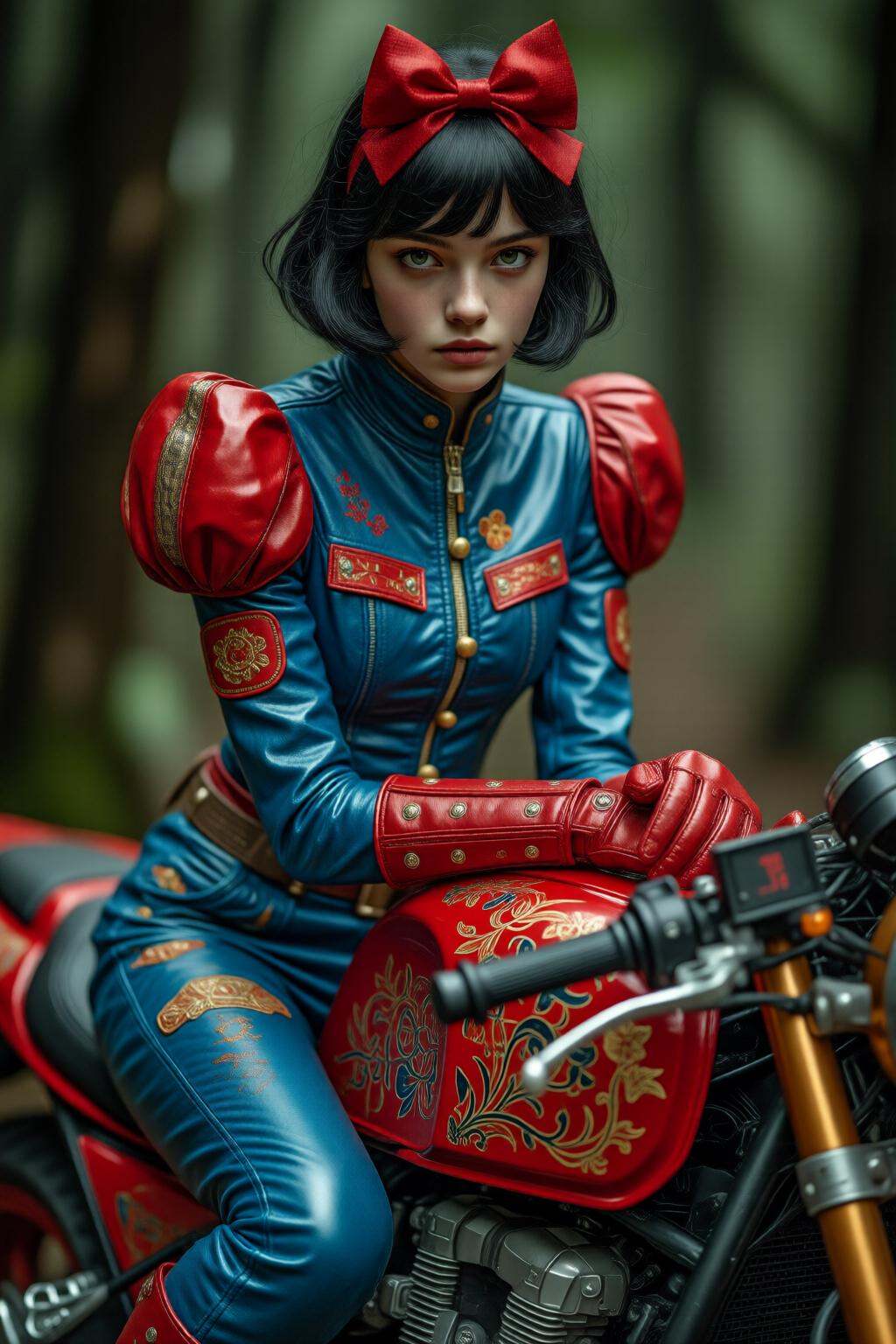midjourneymix10q photograph.A teenager with dark short hair styled with a blue bow is sitting on a motorcycle,  dressed in...