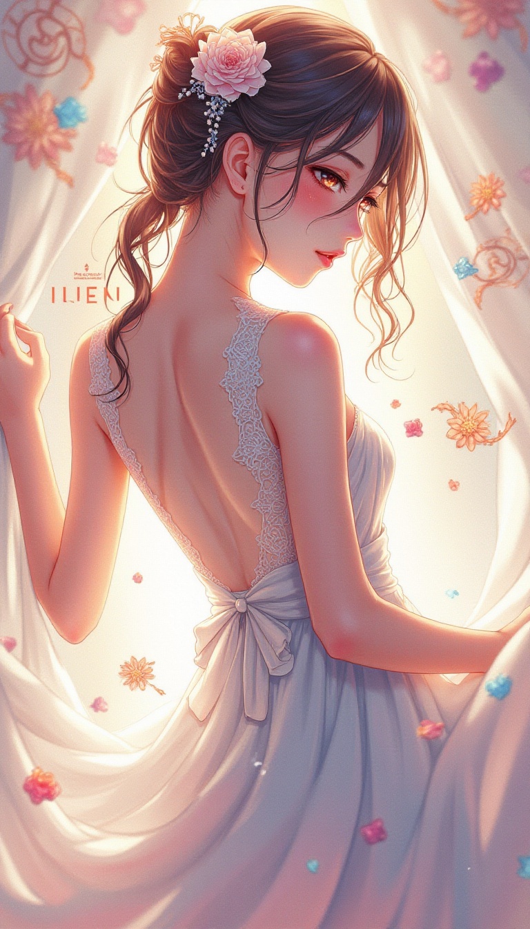 anime artwork a young woman in a breathtaking lace dress,  posed against a subtle gradient background with intricate zenta...