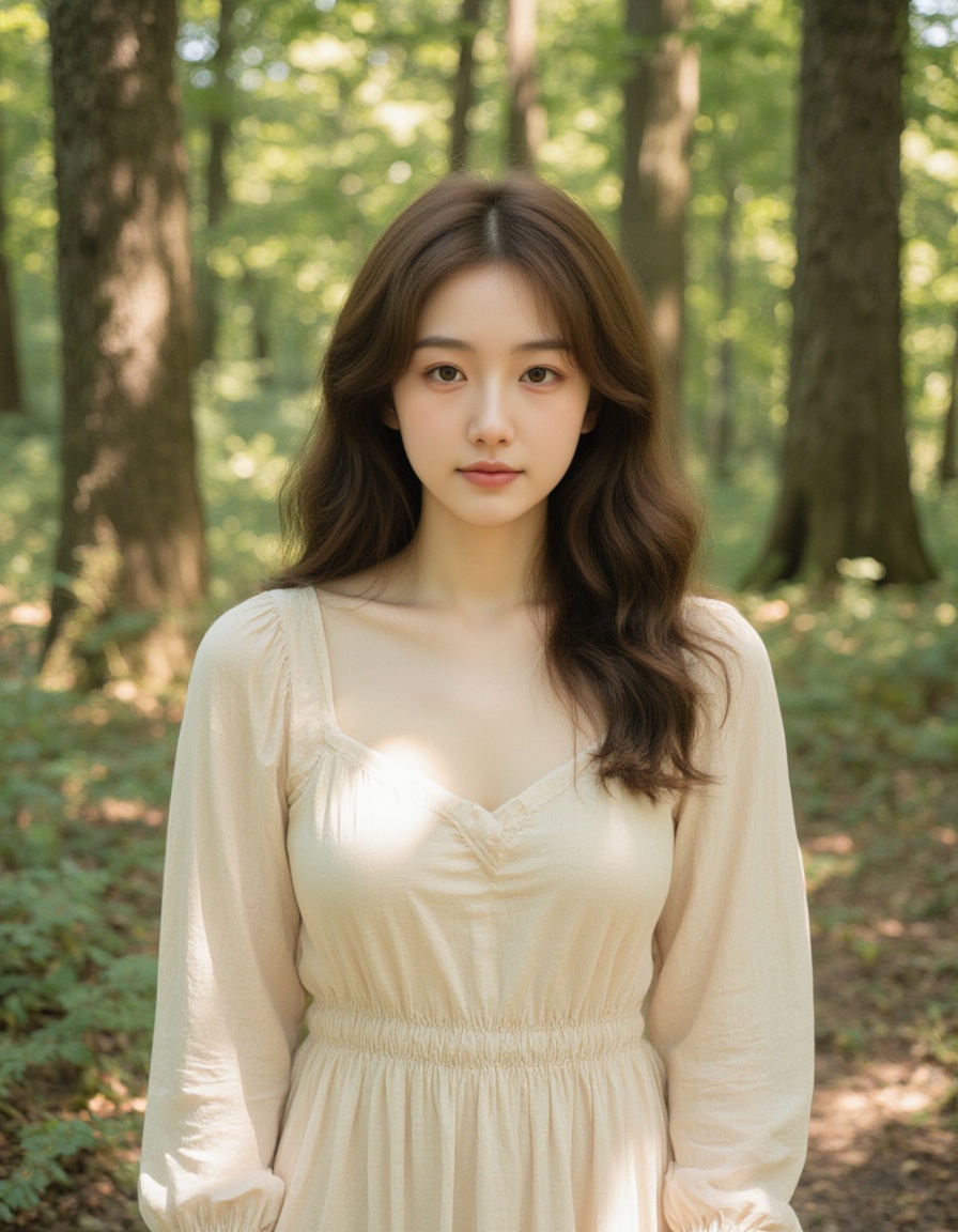 A young woman with long,  wavy brown hair and fair skin stands in a sunlit forest,  wearing a light beige on Tensor.Art