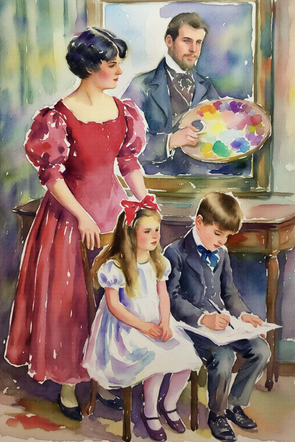 watercolorbasic2q watercolor painting. A family scene with a woman,  two young girls and a young boy. A woman with short d...