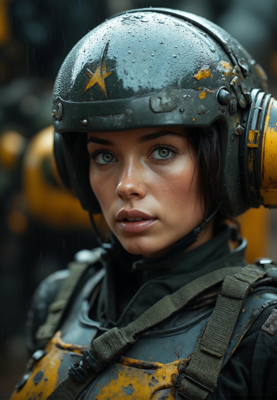 cinematic film still portrait of a solo female mech pilot standing in front of her ,  scifi armor,  military base on Tenso...