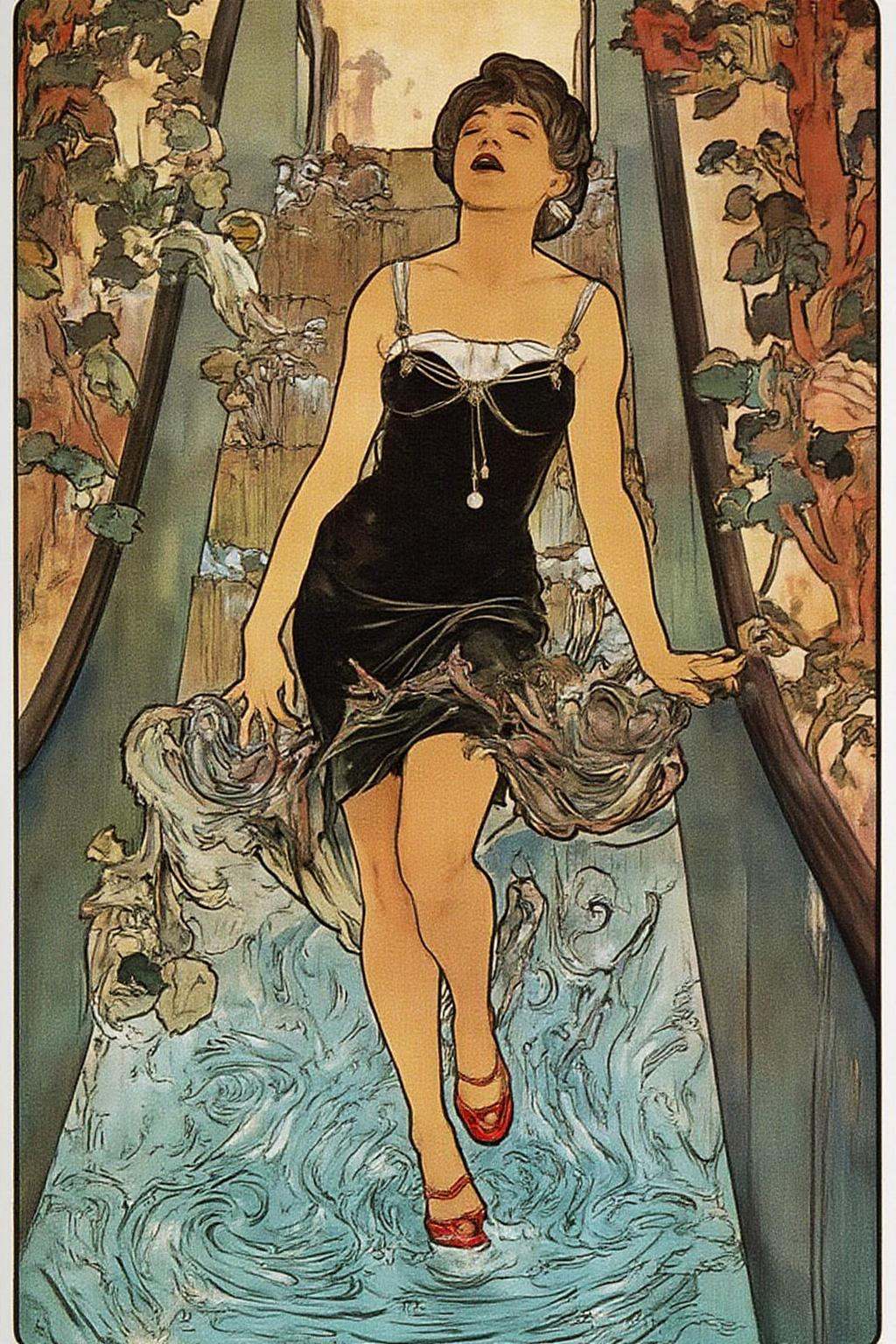 mucha1 illustration. a woman in a chic little black dress and vibrant red high heels,  gracefully descending an escalator....